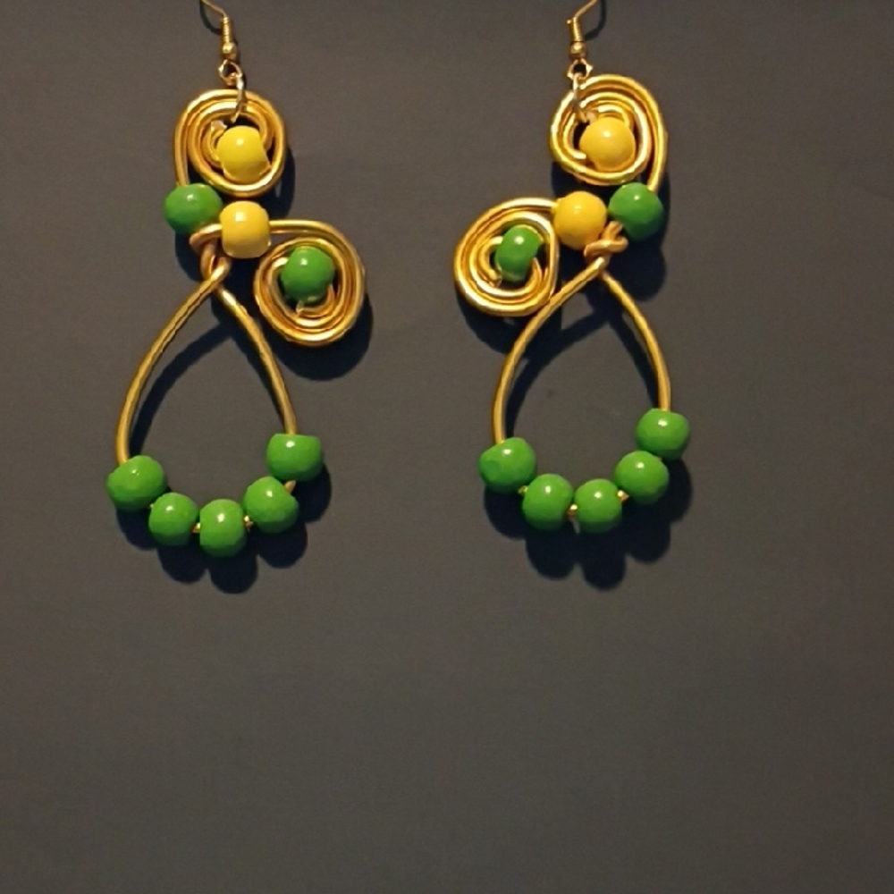 Artistic Gold and Green Beaded Earrings